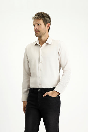 Orta Bej Uzun Kol Slim Fit Klasik Yaka Pamuklu Kolay Ütülenebilir 4 Mevsim Oxford Gömlek