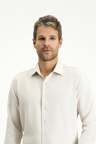 Orta Bej Uzun Kol Slim Fit Klasik Yaka Pamuklu Kolay Ütülenebilir 4 Mevsim Oxford Gömlek