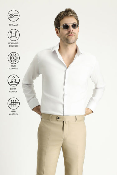 Beyaz Techno-Line Uzun Kol Slim Fit Dar Kesim Klasik Gömlek