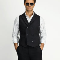 Siyah Slim Fit Dar Kesim Desenli Klasik Kruvaze Yelek