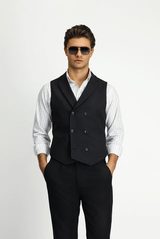 Siyah Slim Fit Dar Kesim Desenli Klasik Kruvaze Yelek