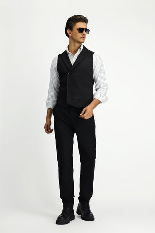 Siyah Slim Fit Dar Kesim Desenli Klasik Kruvaze Yelek