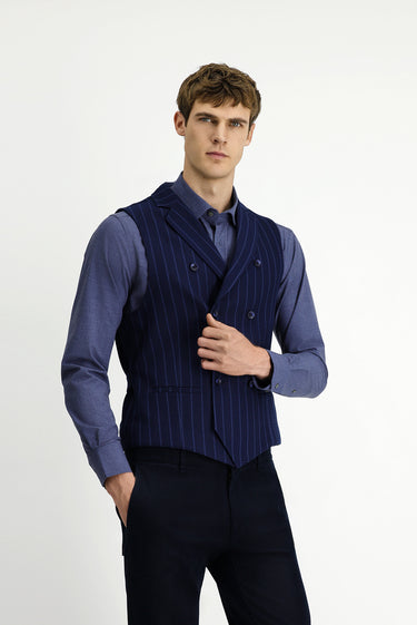 Koyu Lacivert Slim Fit Dar Kesim Çizgili Klasik Kruvaze Yelek