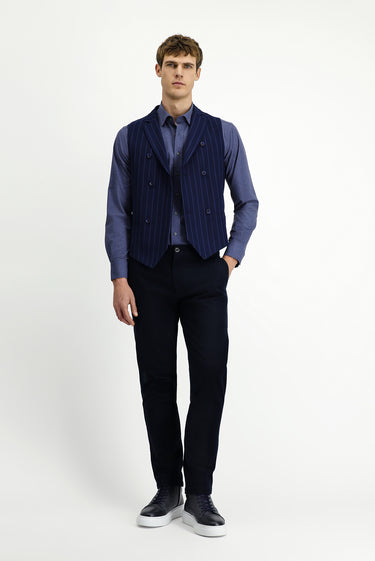 Koyu Lacivert Slim Fit Dar Kesim Çizgili Klasik Kruvaze Yelek