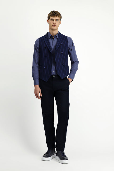 Koyu Lacivert Slim Fit Dar Kesim Çizgili Klasik Kruvaze Yelek