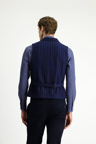 Koyu Lacivert Slim Fit Dar Kesim Çizgili Klasik Kruvaze Yelek