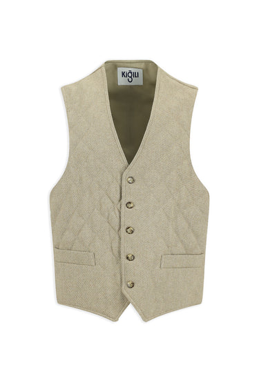 Açık Bej Slim Fit Dar Kesim Desenli Yünlü Kapitone Yelek