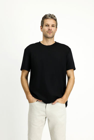 Siyah Bisiklet Yaka Oversize Likralı Baskılı Tişört