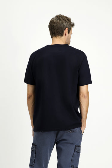 Koyu Lacivert Bisiklet Yaka Oversize Likralı Baskılı Tişört