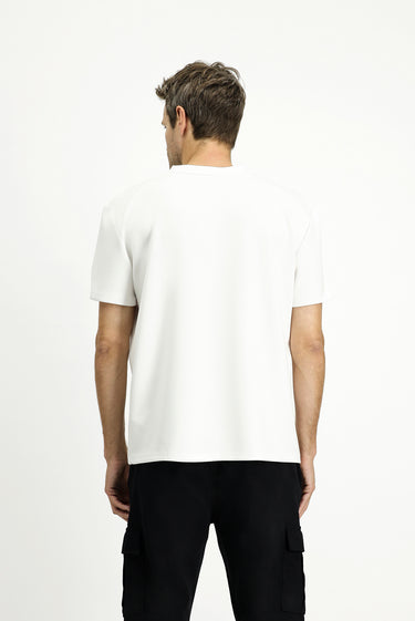 Beyaz BİSİKLET YAKA OVERSİZE LİKRALI BASKILI TİŞÖRT