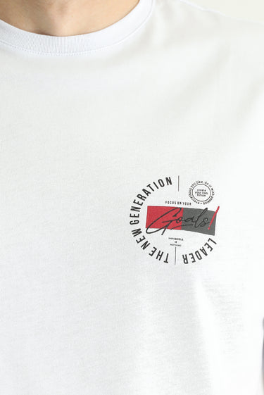 Beyaz Bisiklet Yaka Regular Fit Baskılı Süprem Pamuk Tişört