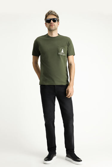 Orta Haki Bisiklet Yaka Regular Fit Baskılı Süprem Pamuk Tişört