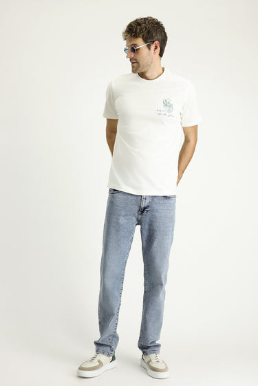 Ekru Bisiklet Yaka Regular Fit Baskılı Süprem Pamuk Tişört