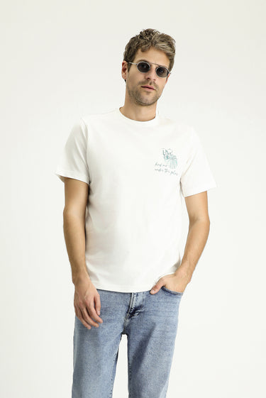 Ekru Bisiklet Yaka Regular Fit Baskılı Süprem Pamuk Tişört