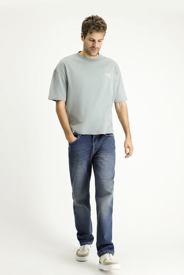 Orta Gri Bisiklet Yaka Oversize Baskılı Süprem Pamuk Tişört