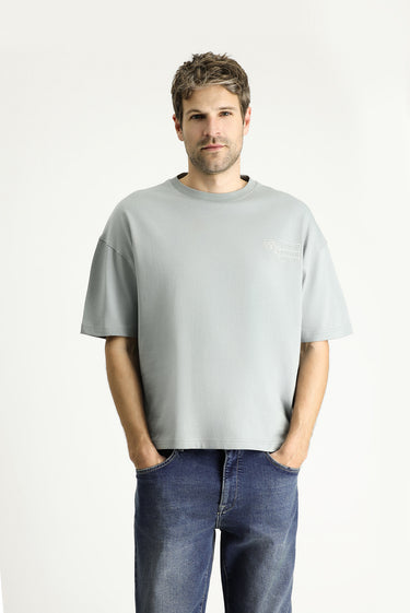 Orta Gri Bisiklet Yaka Oversize Baskılı Süprem Pamuk Tişört