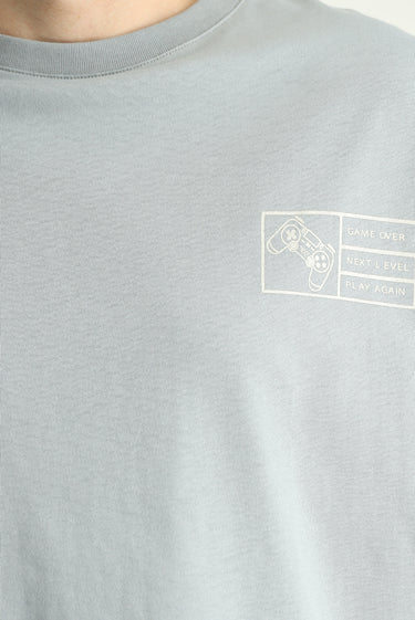 Orta Gri Bisiklet Yaka Oversize Baskılı Süprem Pamuk Tişört