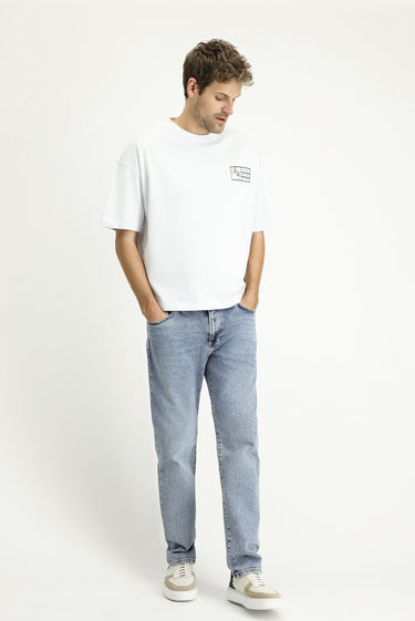 Beyaz Bisiklet Yaka Oversize Baskılı Süprem Pamuk Tişört