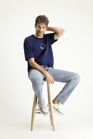 Orta Lacivert  Bisiklet Yaka Oversize Baskılı Süprem Pamuk Tişört