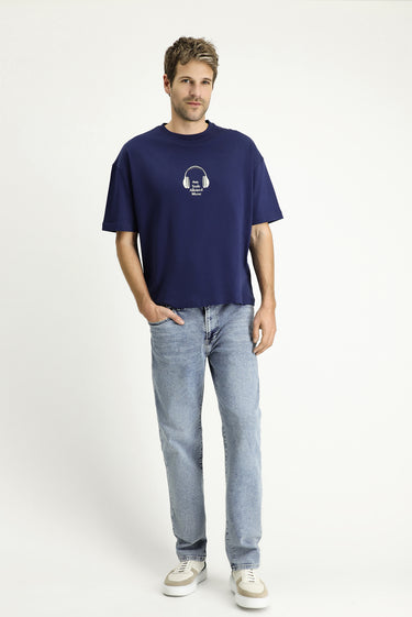 Orta Lacivert  Bisiklet Yaka Oversize Baskılı Süprem Pamuk Tişört