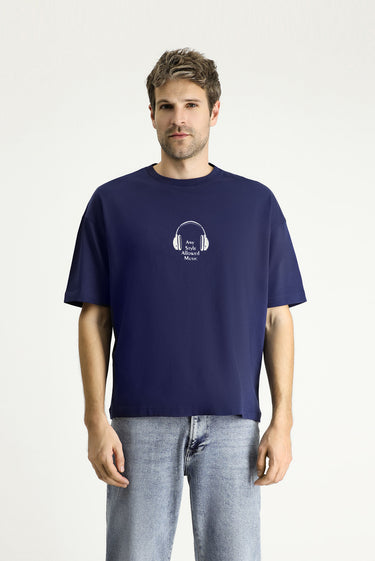 Orta Lacivert  Bisiklet Yaka Oversize Baskılı Süprem Pamuk Tişört