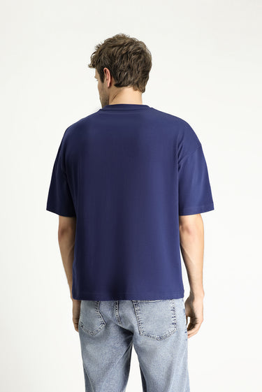 Orta Lacivert  Bisiklet Yaka Oversize Baskılı Süprem Pamuk Tişört
