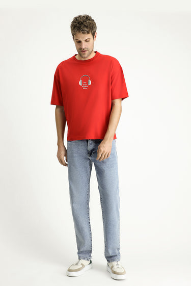 Bayrak Kırmızı Bisiklet Yaka Oversize Baskılı Süprem Pamuk Tişört