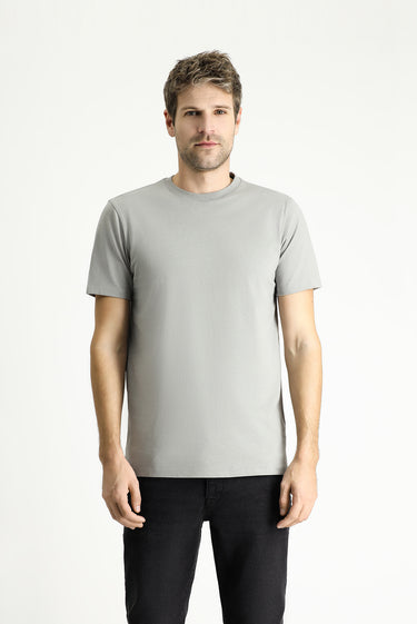 Açık Gri Melanj Bisiklet Yaka Slim Fit Dar Kesim Süprem Pamuk Tişört