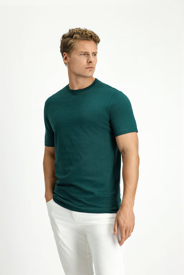 Koyu Yeşil Bisiklet Yaka Slim Fit Dar Kesim Süprem Pamuk Tişört