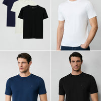 Beyaz-Siyah-Lacivert Bisiklet Yaka Slim Fit Dar Kesim Pamuk 3'lü Paket Tişört Seti