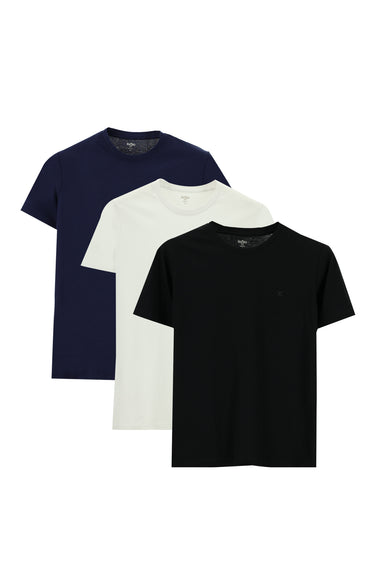 Beyaz-Siyah-Lacivert Bisiklet Yaka Slim Fit Dar Kesim Pamuk 3'lü Tişört Seti