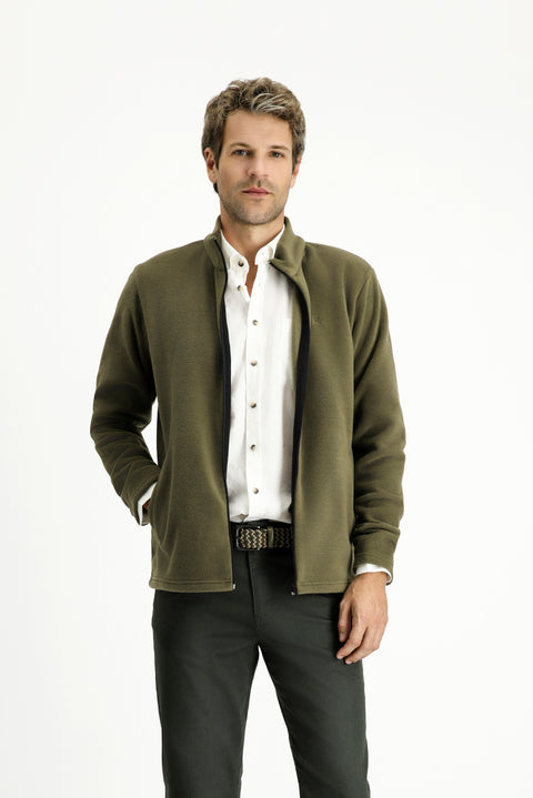 Medium Khaki Stand-Up Collar Full-Zip Cold-Resistant, Non-Pilling Fleece Sweatshirt with Pockets