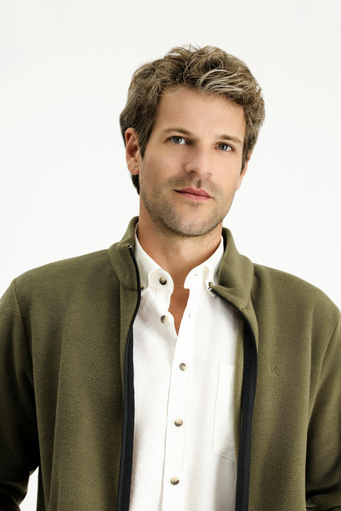 Medium Khaki Stand-Up Collar Full-Zip Cold-Resistant, Non-Pilling Fleece Sweatshirt with Pockets