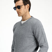 Orta Gri Melanj V Yaka Regular Fit Triko Kazak