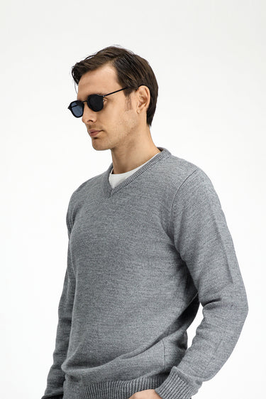 Orta Gri Melanj V Yaka Regular Fit Triko Kazak