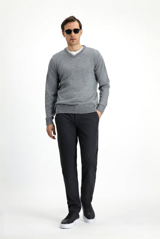 Orta Gri Melanj V Yaka Regular Fit Triko Kazak