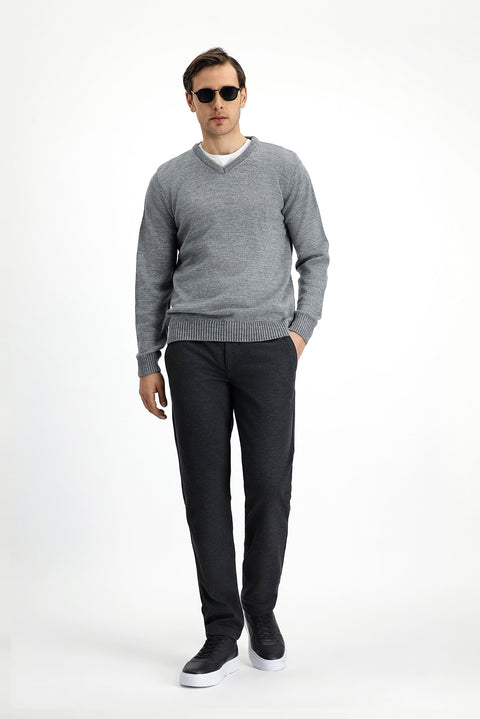 Medium Gray Melange V-Neck Regular Fit Knitwear Sweater