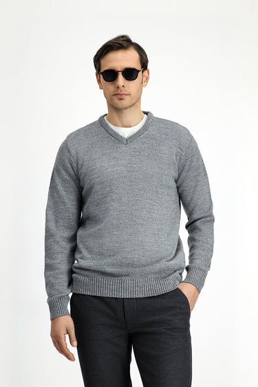 Orta Gri Melanj V Yaka Regular Fit Triko Kazak