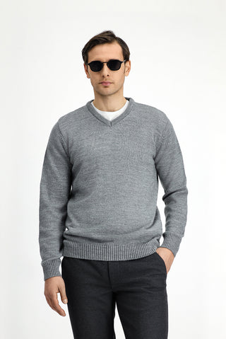 Orta Gri Melanj V Yaka Regular Fit Triko Kazak
