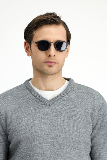 Orta Gri Melanj V Yaka Regular Fit Triko Kazak