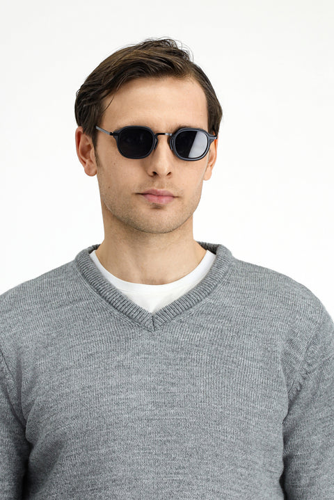 Medium Gray Melange V-Neck Regular Fit Knitwear Sweater