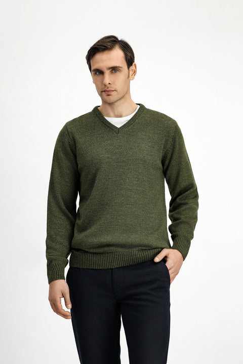 Medium Khaki V-Neck Regular Fit Knitwear Sweater