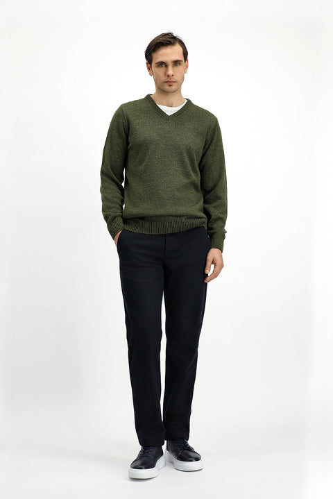 Medium Khaki V-Neck Regular Fit Knitwear Sweater