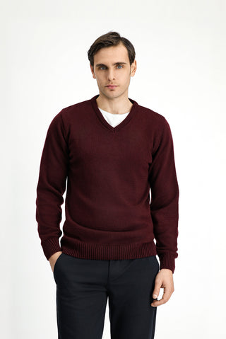 Koyu Bordo V Yaka Regular Fit Triko Kazak