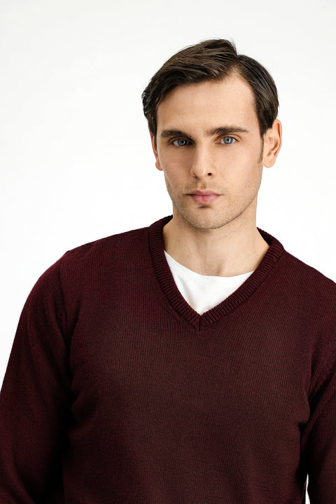 Dark Claret Red V-Neck Regular Fit Knitwear Sweater