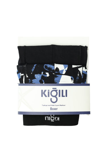 Orta Lacivert 2'li Pamuklu Desenli Boxer Seti