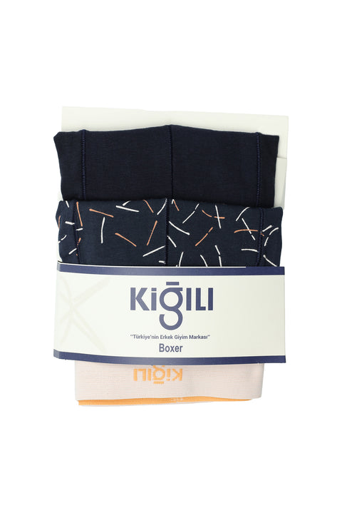Koyu Lacivert 2'li Pamuklu Desenli Boxer Seti