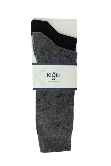 Orta Füme Melanj 2'li Desenli Pamuklu Çorap Seti