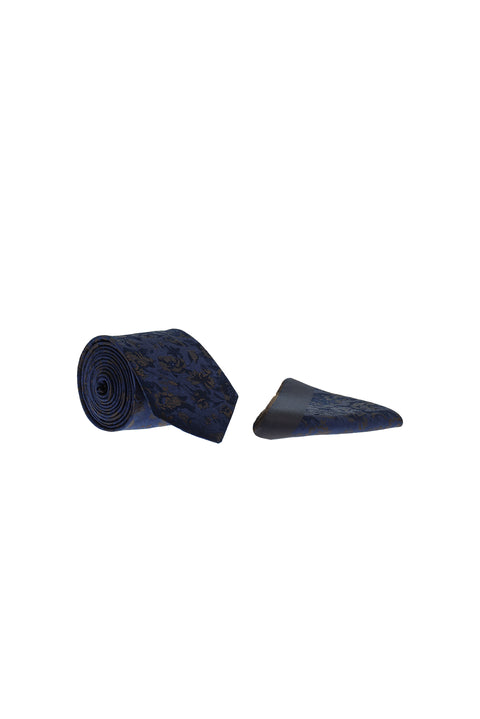 Dark Navy Blue 2-Piece Patterned Tie & Pocket Square Set
