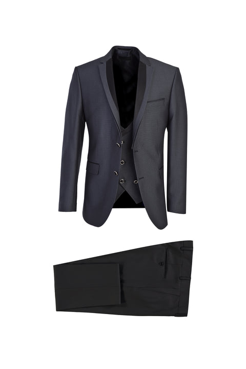 Koyu Füme 7 Drop Slim Fit Dar Kesim Mono Yaka Yelekli Smokin & Damatlık